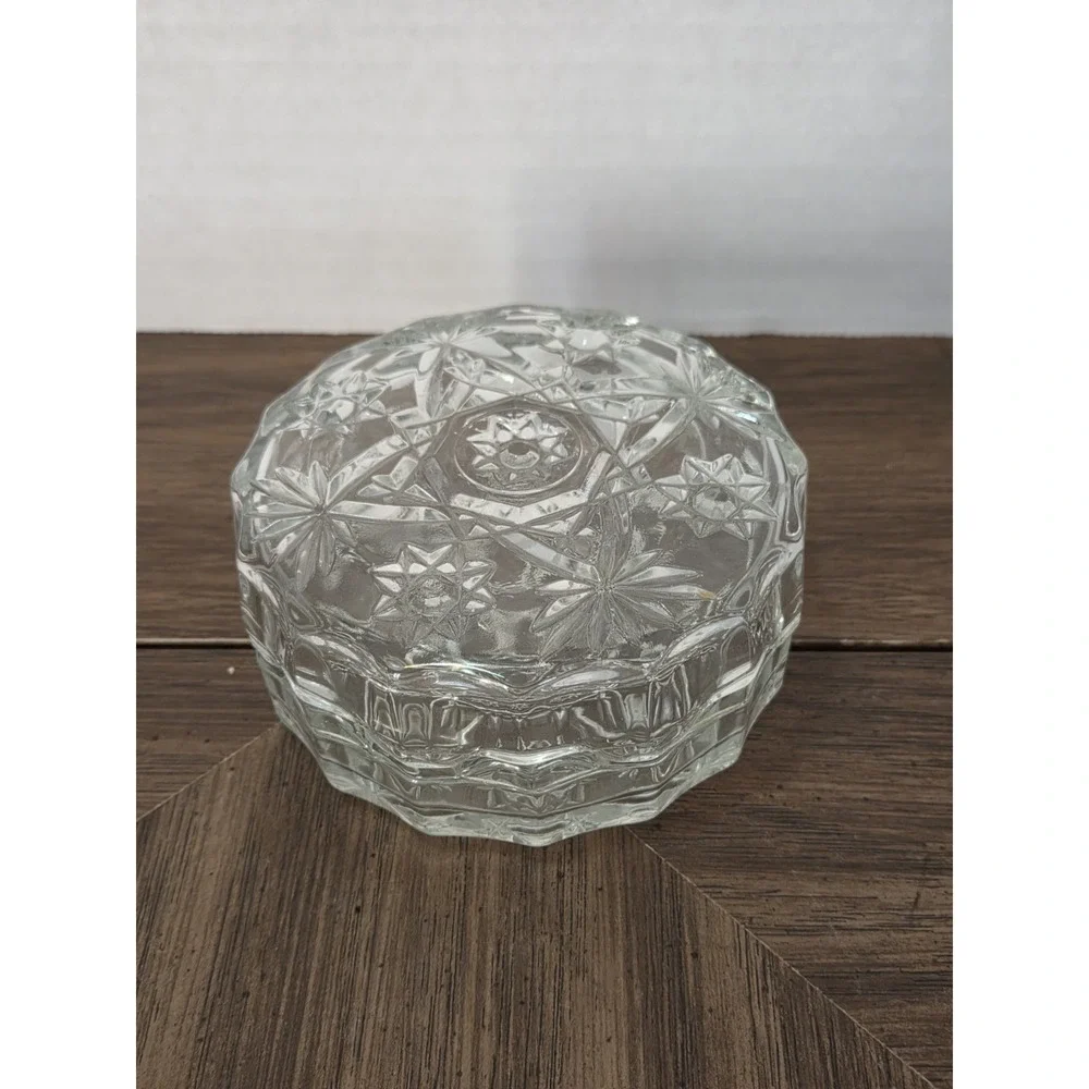 clear pressed glass starburst round trinket box with lid, 4 in, vintage